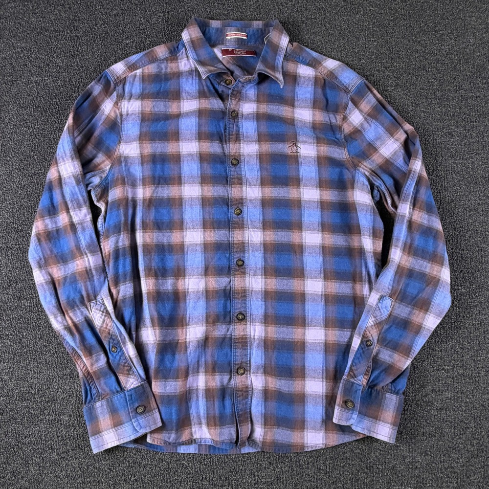 Original Penguin Shirt Mens L Heritage Slim Fit Blue Plaid Button-Down EUC